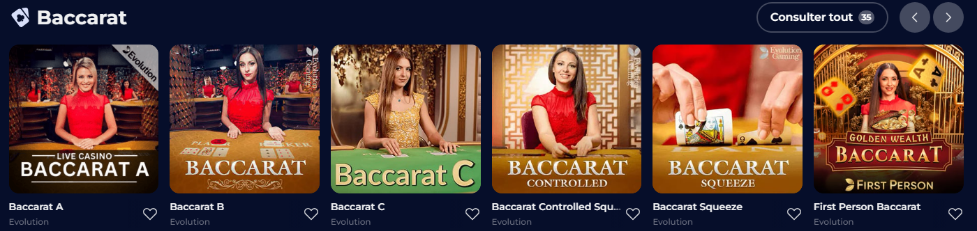 Giochi dal vivo Baccarat del casinò Nine