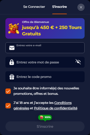 modulo di registrazione su Nine Casino