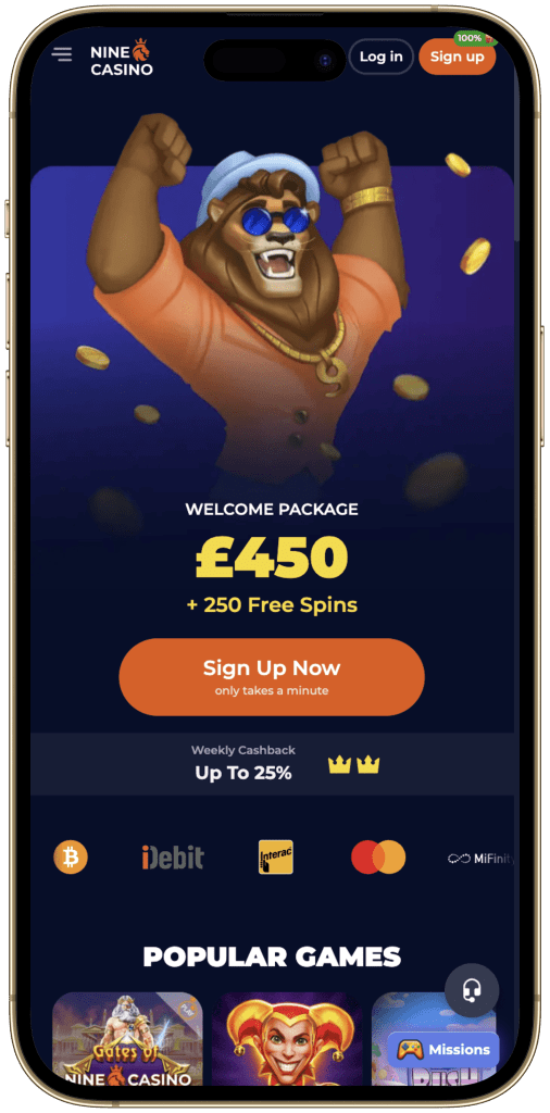 Interfaccia dell'applicazione mobile Nine Casino