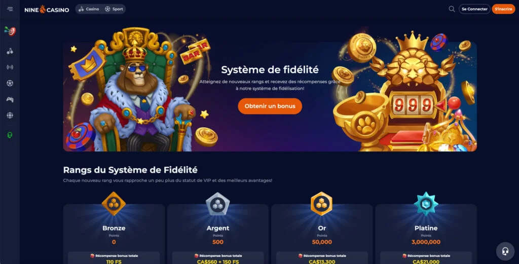 I livelli del Club VIP di Nine casino